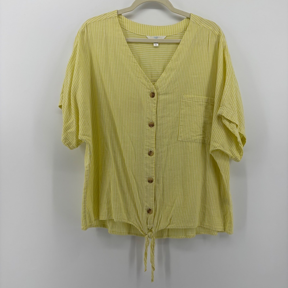 Time and Tru Womens Yellow Stripe Tie Front V Neck Short Sleeve‎ Blouse Top XL